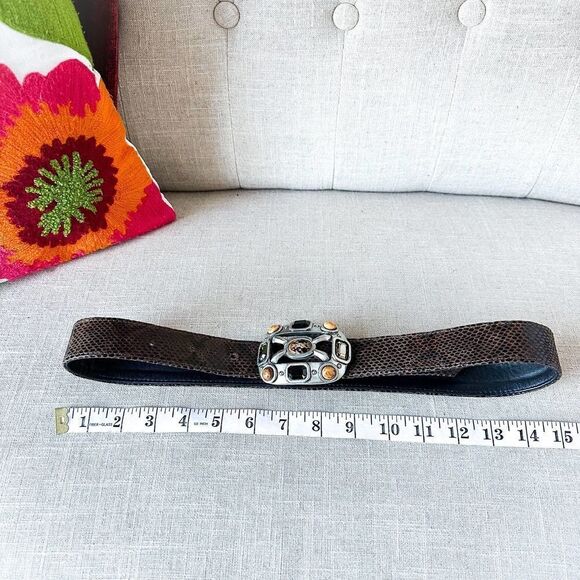 Vintage Fahrenheit Brown Black Leather Belt Large Jewel Buckle Rich Auntie M - Picture 11 of 11